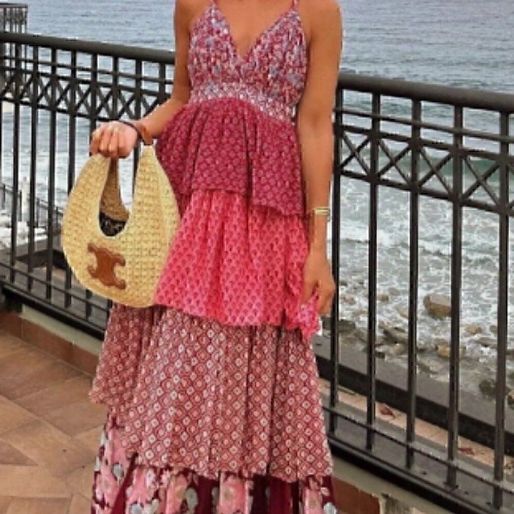 Floral Burgundy Crossback Strap Plunge Tier Ruffle Layer Vintage Maxi Dress L - Picture 2 of 16